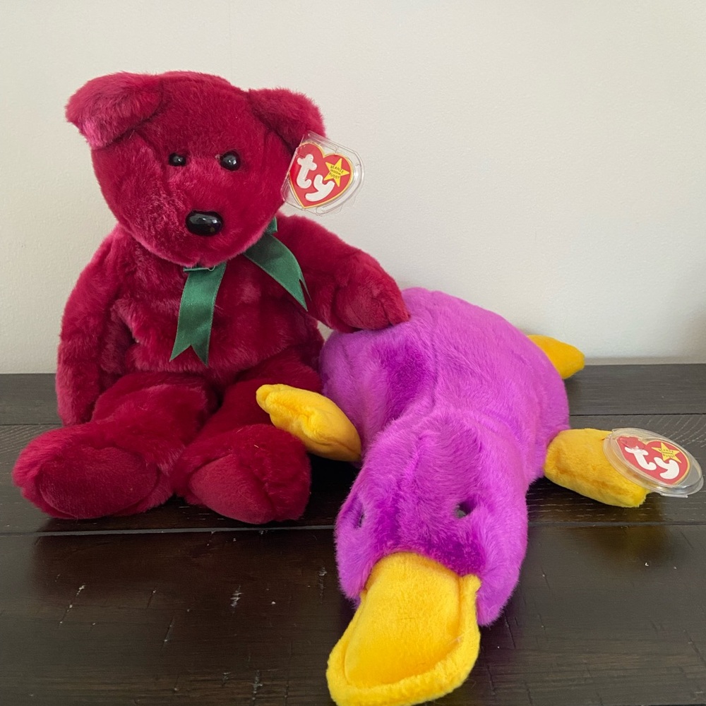 Ty Beanie Babies Red Bear and Purple Platypus